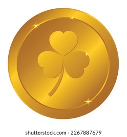 Gold coin with shamrock. St. Patrick's Day symbol. Vector illustration on transparent background