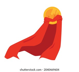 Gold Coin Or Shield With Kings Crown In Hero Red Long Cape, Flat Vector Illustration Isolated On White Background. Symbol Of Money And Power, Richness And Strength.