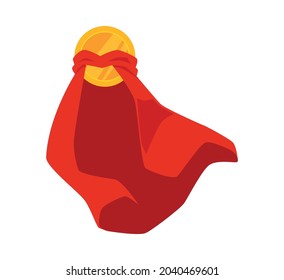 Gold coin or shiny golden shield in hero red long cape, flat vector illustration isolated on white background. Money symbol in superhero cloak or mantle.