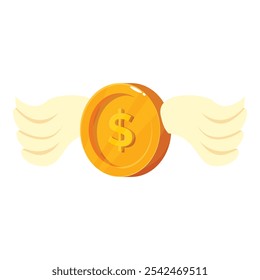 Gold coin with shiny wings is flying away, representing the concept of losing money