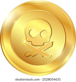 Gold coin skull with a sword. Vector.