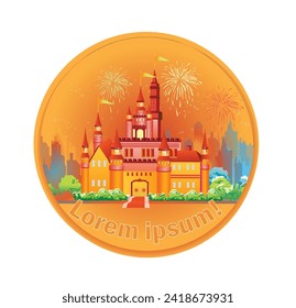 Gold coin for a special occasion. With a festive castle with fireworks on the front and text. Vector illustration.