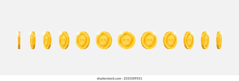 Gold coin spinning in varied directions for video game animation. Metallic currency with skull design rotates dynamically. Achievement icon in motion. Flat 3D style asset for gaming visuals