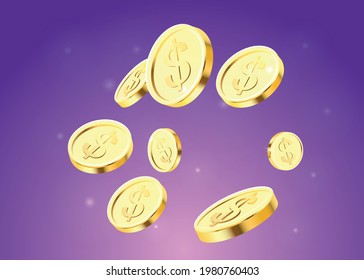 Gold Coin Splash Background. Vector 3d Realistic Gold Dollar Coins Explosion Illustration For Game, Casino, Winner Or Jackot Advertising Template Concept.