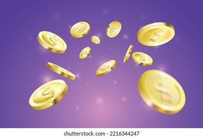 Gold coin splash background. Vector 3d realistic gold dollar coins explosion illustration for game, casino, winner or jackot advertising template concept.