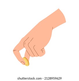 Gold coin squeezed between fingers and scratching. Hand holding cash money, penny. Contributor sponsor giving financial help, donating dollar. Flat vector illustration isolated on white background