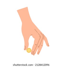 Gold coin squeezed in fingers. Hand holding dollar cent, money for donations and contribution. Finance help, support and charity concept. Flat vector illustration isolated on white background