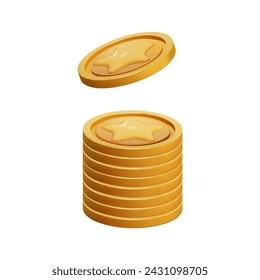 Gold Coin Stack 3d render aislado. Juego Dinero sobre fondo blanco. Moneda con estrella para premio y recompensa del juego. Ilustración del vector 3d.