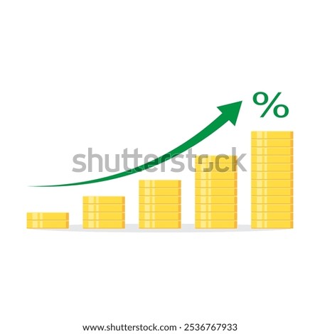 Gold coin stack with arrow up and percentage symbol. Flat design isolated on white background. Economy, finance, money investment symbol, Currency or interest growth concept. Vector illustration.
