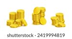 Gold coin stack with different sizes of cash money pile in realistic 3d vector illustration set. Glossy simple golden currency heap - financial wealth, profit and deposit concept. Game treasure icon.