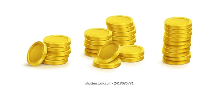 Acumulación de monedas de oro con diferentes tamaños de pila de dinero en efectivo en un juego de ilustración 3d vectorial realista. Un montón de monedas doradas brillante: riqueza financiera, beneficios y concepto de depósitos. Icono del tesoro del juego.