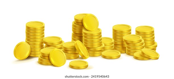 Acumulación de monedas de oro con diferentes tamaños de pila de dinero en efectivo en un juego de ilustración 3d vectorial realista. Un montón de monedas doradas brillante: riqueza financiera, beneficios y concepto de depósitos. Icono del tesoro del juego.