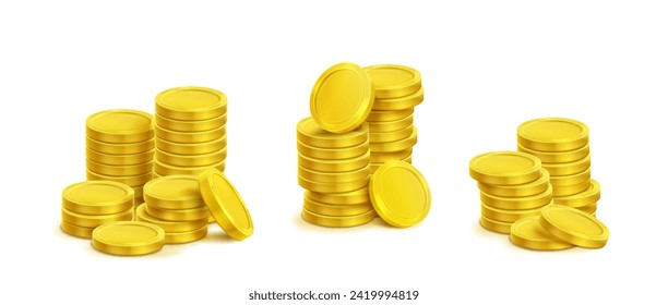 Gold coin stack with different sizes of cash money pile in realistic 3d vector illustration set. Glossy simple golden currency heap - financial wealth, profit and deposit concept. Game treasure icon.