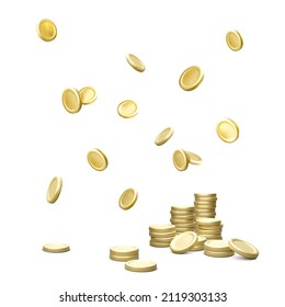 Gold Coin Stack And Falling Metal Money. 3d Golden Coin Isolated On White Background. Vector Illustration