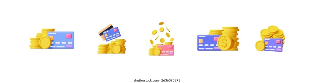 Gold coin stack with falling money and credit card. Financial investment and payment concept. Digital transaction and banking asset.