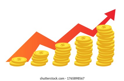 Gold coin stack icon in shape of growing diagram with red arrow. Dollar sign symbol. Going up graph. Income and profits. Growing business. Flat design. Vector illustration. EPS 10