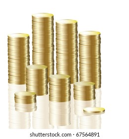 gold coin stack isolated on a white glass background