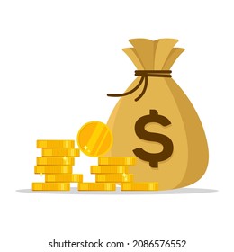 Pila de moneda de oro con bolsa de dinero ilustración vectorial Dollar Signo ingresos del tesoro, ganancias o inversión plana Logotipo simple Icono Clipart