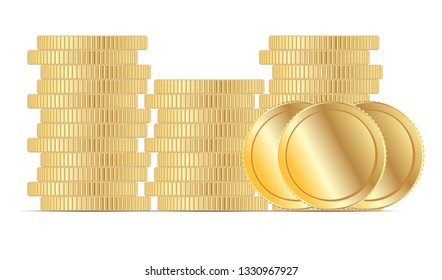 Gold Coin Stack Vector. Flat Metal Euro or Dollar Panny Cash. Round Glossy Cartoon Cent Element for Casino, Business Finance Income. Abstract Shiny Golden Piece Pile Isolated on White Background.