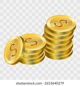 Vetor de pilha de moedas de ouro em fundo quadriculado. Pilha de riqueza isométrica para a marca de criptografia, aplicações de investimento e embalagem de produtos de luxo - coleção de moedas de dólar cintilante