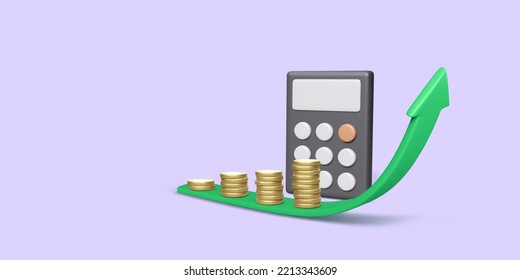 Gold coin stacks growth with green arrow and calculator 3D render. Investment and increase profit in business. Vector illustration