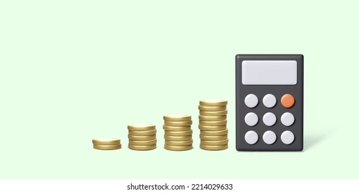 Gold coin stacks growth next calculator in 3D realistic style. Budget planning and financial management. Vector illustration