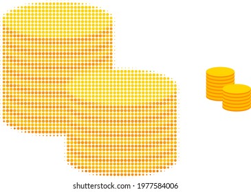 Gold coin stacks halftone dot icon illustration. Halftone pattern contains round pixels. Vector illustration of gold coin stacks icon on a white background.