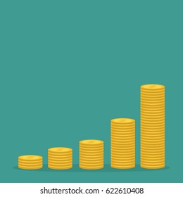 Gold coin stacks icon in shape of diagram. Dollar sign symbol. Green background. Isolated. Flat design. Vector illustration