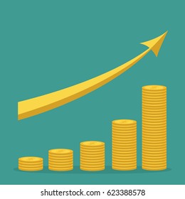 Gold coin stacks icon in shape of diagram. Golden up arrow. Dollar sign symbol. Cash money. Going up graph. Income and profits. Growing business concept. Green background. Isolated. Flat design Vector