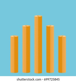 Gold coin stacks icon in shape of diagram. Dollar sign symbol. Flat design. Vector illustration