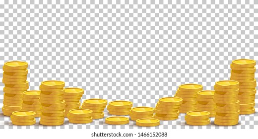 Gold coin stacks mockup vector illustration. Cash heap, wealth isolated on transparent background. Banking service, money loan. Successful investment, jackpot. Salary increase, revenue growth