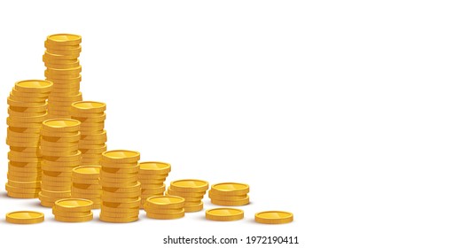 Gold coin stacks mockup vector illustration. Cash heap, wealth isolated on white background. Banking service, money loan. Successful investment, jackpot. Salary increase, revenue growth