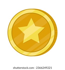 Gold coin with a star. Game money. Winning. Treasure. Prize. Vector illustration on white background