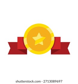 A gold coin with a star on it is surrounded by a red ribbon. The coin is shiny and golden, and the ribbon is red. Concept of achievement or reward, as the gold coin