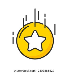 Gold coin with star vector icon of special bonus points, customer loyalty incentive benefits and prize reward. Color line token money coin isolated symbol of exclusive loyalty program bonus points