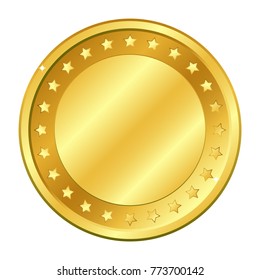 Gold coin with stars. Vector illustration isolated on white background. Editable elements and glare. Casino game. Rich EPS10