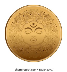 Gold coin with sun and face