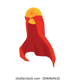 Gold coin in superhero red long cape, flat vector illustration isolated on white background. Money and power symbol, wealth and super strength metaphor.