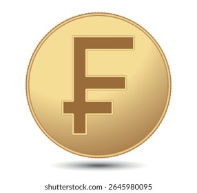 Gold coin with Swiss Franc sign. Swiss Franc sign. Swiss Franc symbol. The Swiss Franc currency. Vector money symbol. 