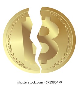 Gold coin with symbol cryptocurrency. Concept Cryptocurrency Bitcoin divided into Bitcoin and Bitcoin Cash. Money and finance symbol Cryptocurrency. Gold coin with Bitcoin symbol cryptocurrency.