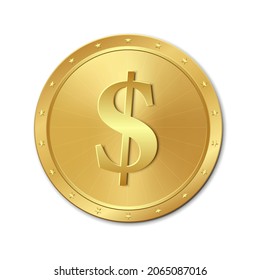 Gold coin with symbol dollar. Vector illustration.		