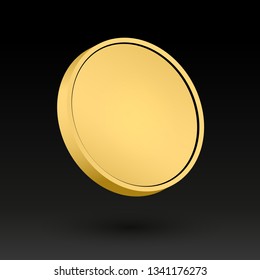 Gold coin template 3d object. Vector illustration. Golden metal medal. Metallic clear disc. Empty round metallic surface. Money game or web icon design. Simple payment concept.