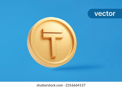 Gold coin tenge kazakhstan currency money icon sign or symbol business and financial exchange on blue background 3D vector illustration