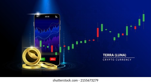 Gold coin Terra (LUNA) Online payment. Hand holding smartphone with money  payment app bank. Secure mobile banking finance concept. Blue background vector illustration. 3D Cryptocurrency blockchain.