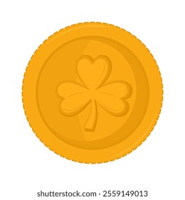 Gold coin with three leaf clover, St. Patrick's Day element isolated on white background. Concept of money, wealth and lucky. Golden lucky coin in cartoon style. Colored flat vector illustration