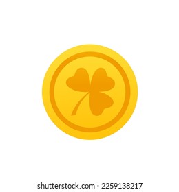 Gold coin сlover with three leaves isolated on white background. St. Patrick s Day, lucky Concept. Vector illustration