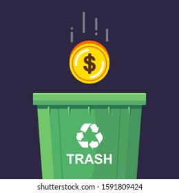 a gold coin is thrown into the trash can. economic decline. flat vector illustration.