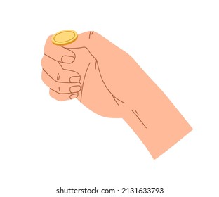 Gold coin toss up. Hand flipping, throwing change money on fingers for chance, luck. Heads or tails game. Finance bonus, trick concept. Flat vector illustration isolated on white background svg
