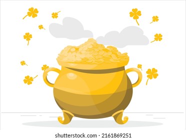 Gold coin in treasure old clay pot on a pile of gold coins. Money in a pot, the glitter of gold coins . A lot of coins in the container. Finance and business. isolated, white, illustration.