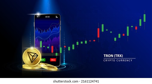 Gold coin TRON (TRX) Online payment. Hand holding smartphone money  payment app bank. Secure mobile banking finance concept Blue background vector illustration. 3D Cryptocurrency blockchain.